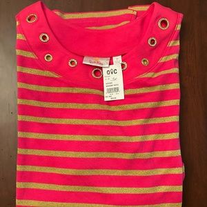 Quacker Factory Pink and Gold Stripe Top Short Sleeve with sparkle details 3X